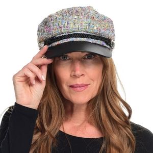 Laundry by Design Woven Plaid & Faux Leather Newsboy Cap Metallic Blue